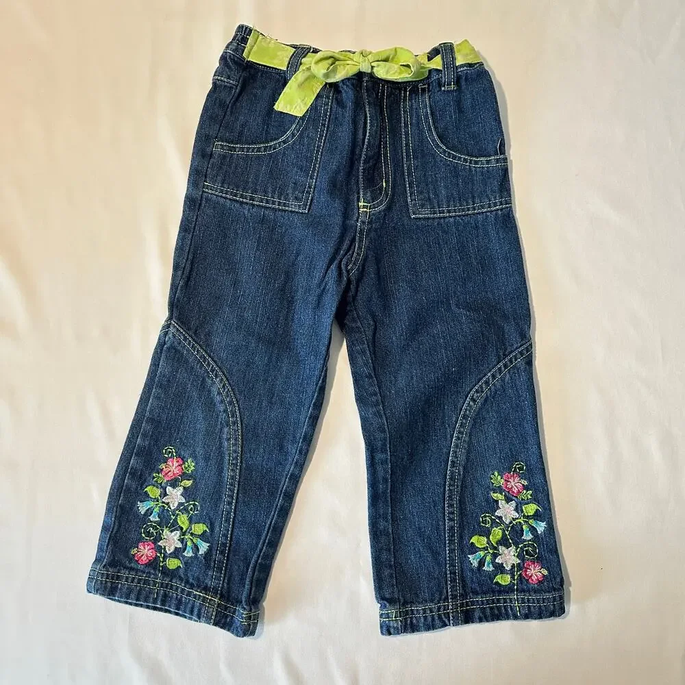 Vintage B.T. Kids Flower Embroidered Denim Jeans w/ Green Fabric Belt Sz 5T